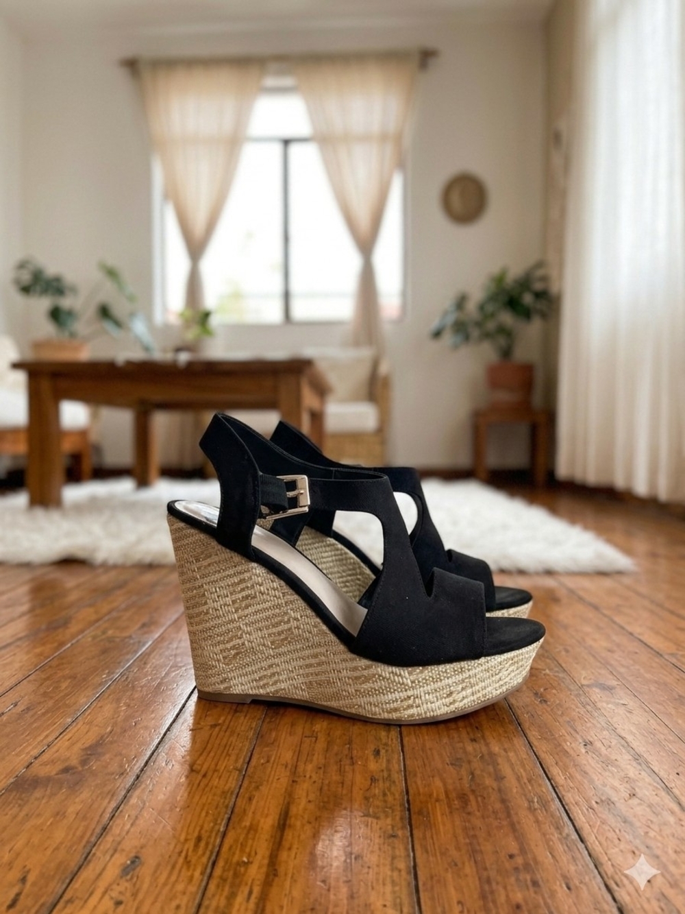Feralicious By Fergie Black Wedge Espadrille Sandals with Buckle - Women